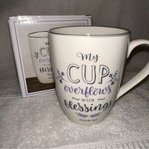 Inspirational White Mug with Purple Accents “ My Cup Overflows” New in box